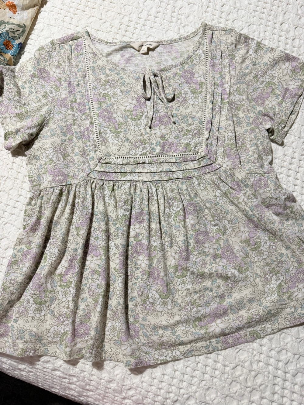 Lucky Brand Floral Tie-Front Peasant Tunic - Lavender & Sage